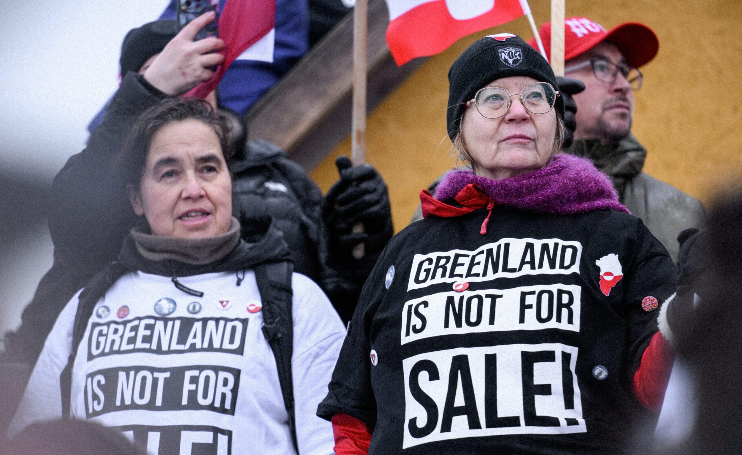 Demonstranten in Nuuk protesteren tegen uitspraken van de Amerikaanse president Donald Trump over het overnemen van Groenland