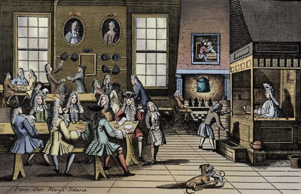 Een Engels koffiehuis in de achttiende eeuw. Op plekken als deze ziet Montesquieu veel meer energie en vrijheid dan in Frankrijk