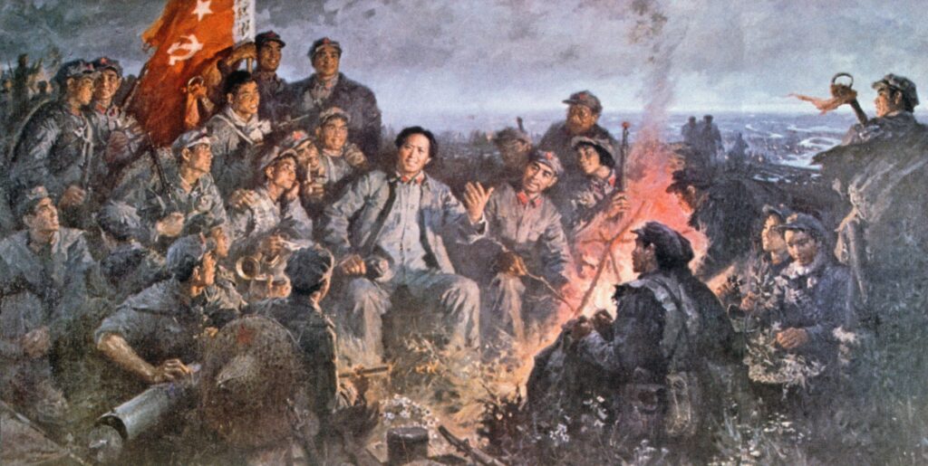 Mao vertelt bij het kampvuur tijdens de Lange Mars in 1935