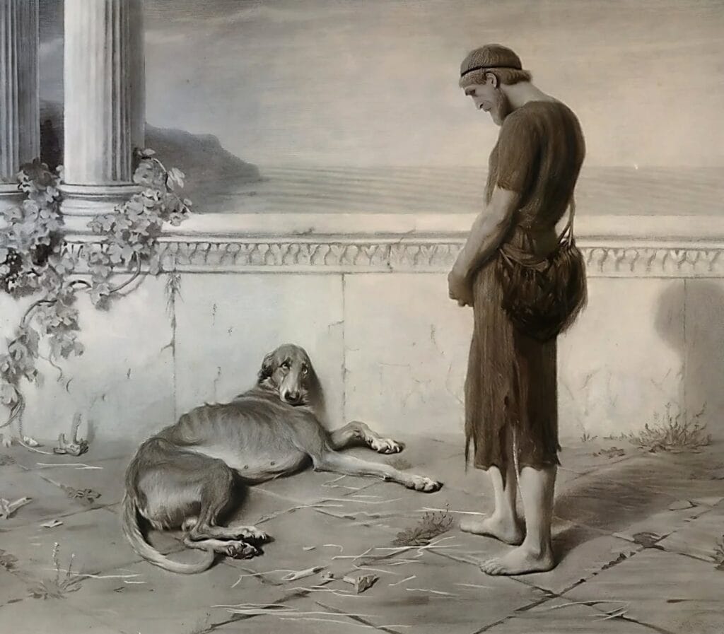 Odysseus en Argos op een boekillustratie