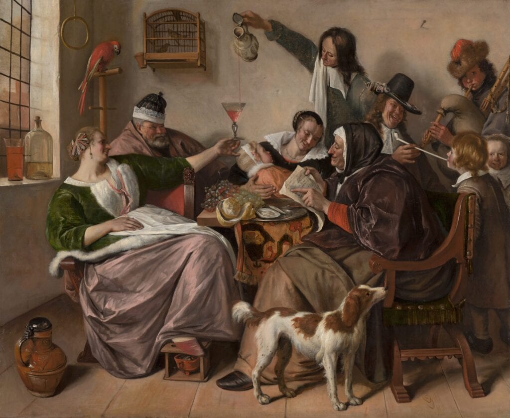 Papegaaien en honden als huisdier op schilderij van Jan Steen