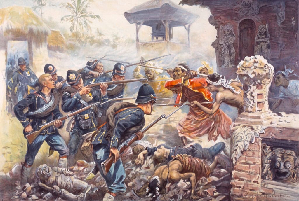 Schoolplaat uit 1911 die een aanval van het KNIL op het paleis in Cakranegara (1894) verbeeldt, door Jan Hoynck van Papendrecht