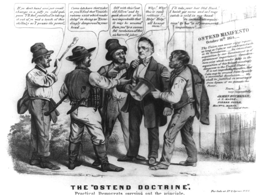 Spotprent waarin zakkenrollers James Buchanan bestelen met argumenten uit zijn Oostendedoctrine