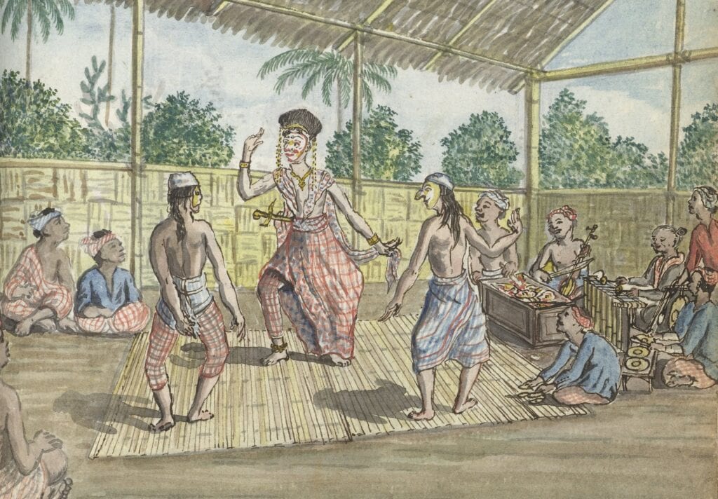 Uitvoering van wayang topeng, een gemaskerde dans begeleid door gamelanmuziek