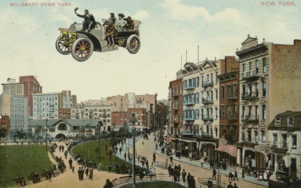 Ansichtkaart met een gefotoshopte vliegende auto