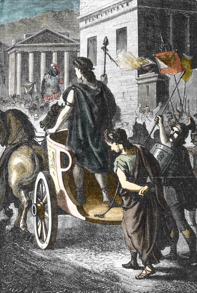 Arsinoë wordt als gevangene door de straten van Rome gevoerd. Gravure,
1888.