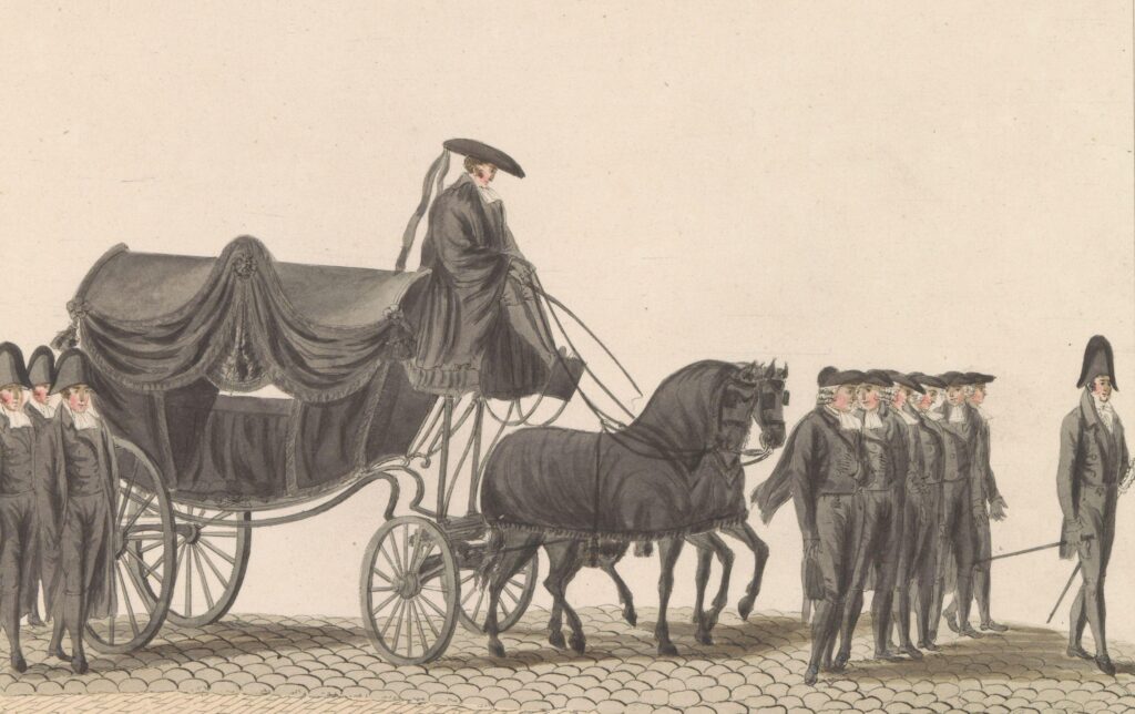 Historische afbeelding van een rouwstoet met koets en mensen.