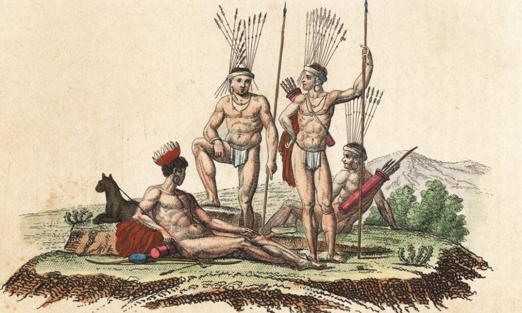 Bosjesmannen in jachttenue. Gravure door Antonio Sasso, 1843