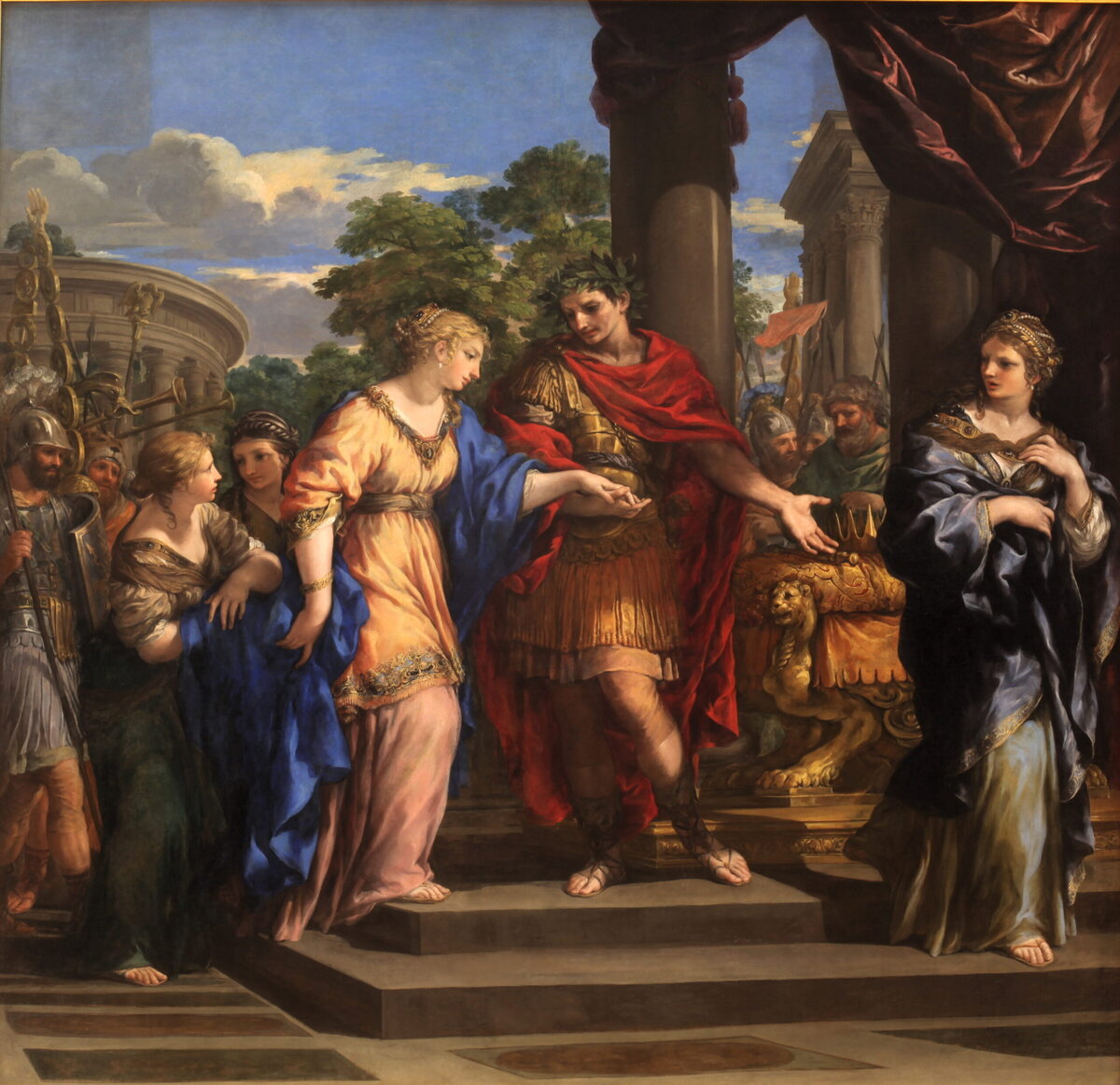 Caesar biedt Cleopatra de troon van Egypte aan. Uiterst rechts staat Arsinoë. Schilderij door Pietro da Cortona, circa 1637.