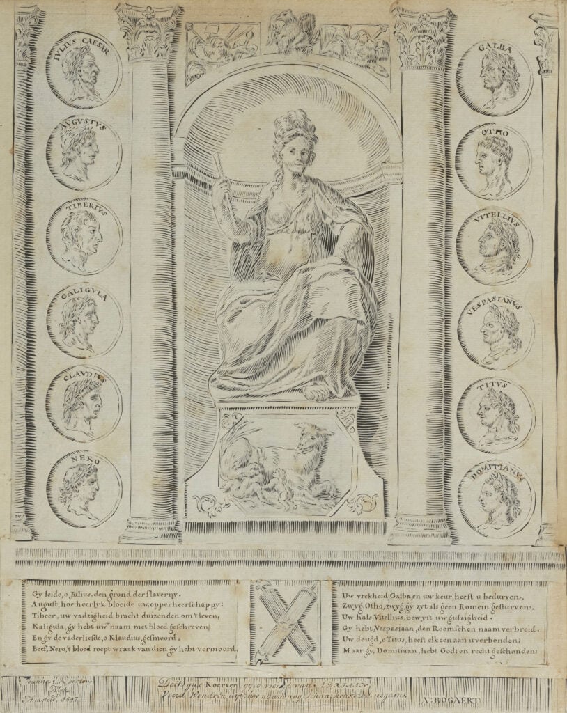 De Romeinse vrijheid. Door Johanna Koerten, 1697. Met sneetjes in het papier heeft ze deze afbeelding gemaakt van twaalf veldheren en heersers uit de Oudheid, die in medaillons zijn weergegeven rond de Vrijheid op de troon.