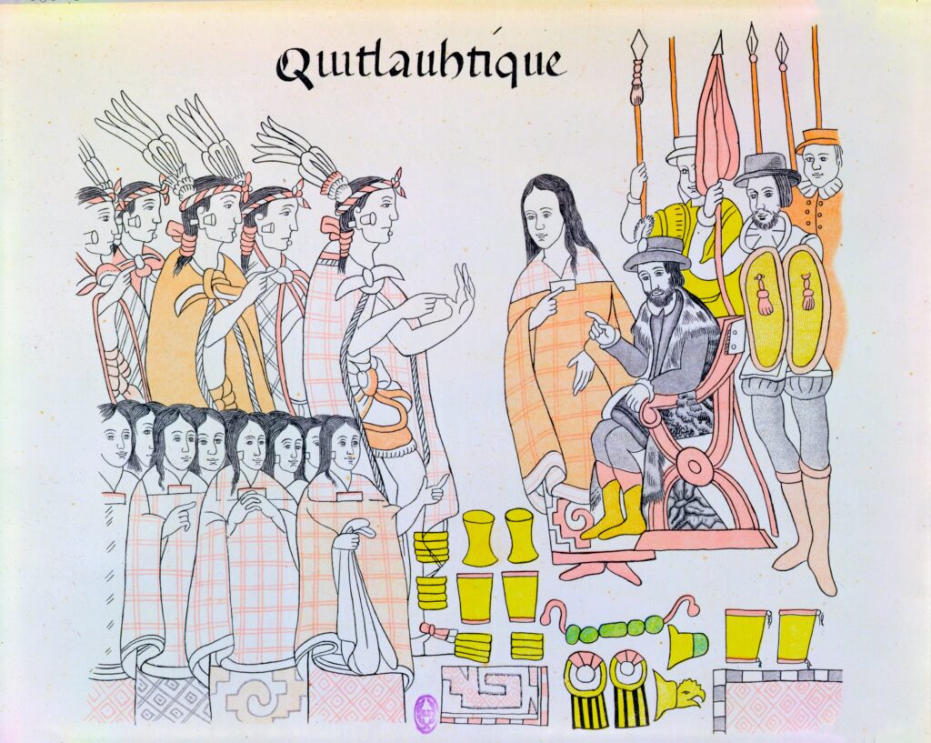 De minnares van Cortès treedt op als tolk wanneer Azteken-koning Montezuma vrouwen en goud aanbiedt. Illustratie uit een zestiende-eeuws boek.