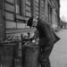 Een Duitse man zoekt in vuilnisbakken naar iets eetbaars. Hamburg, 1946.