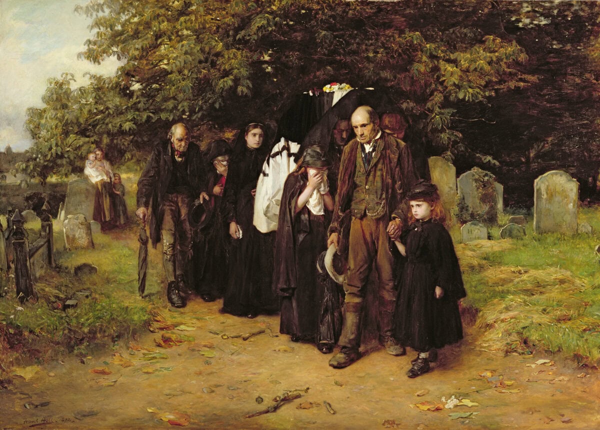 Een begrafenis in het dorp. Schilderij door Frank Holl, 1872.