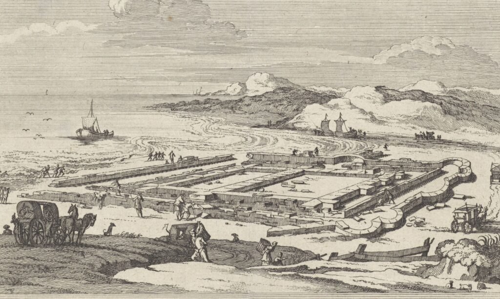 Gezicht op de ruïnes van Brittenburg, een Romeinse limesvesting bij Katwijk. Achttiende-eeuwse afbeelding door Jacobus Schijnvoet.