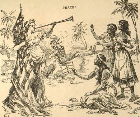 Spotprent over de Amerikaanse godin die Spaanse koloniën als Puerto Rico hun 'vrijheid' brengt, 1898.