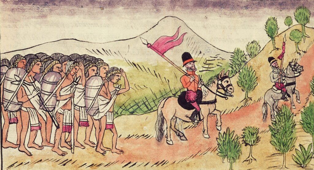 Totonaken dragen goederen voor de Spanjaarden. Boekillustratie door Diego Duran, 1579