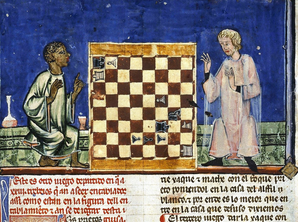 Een Moor en een Europeaan schaken. Afbeelding uit het Libro de axedrez.