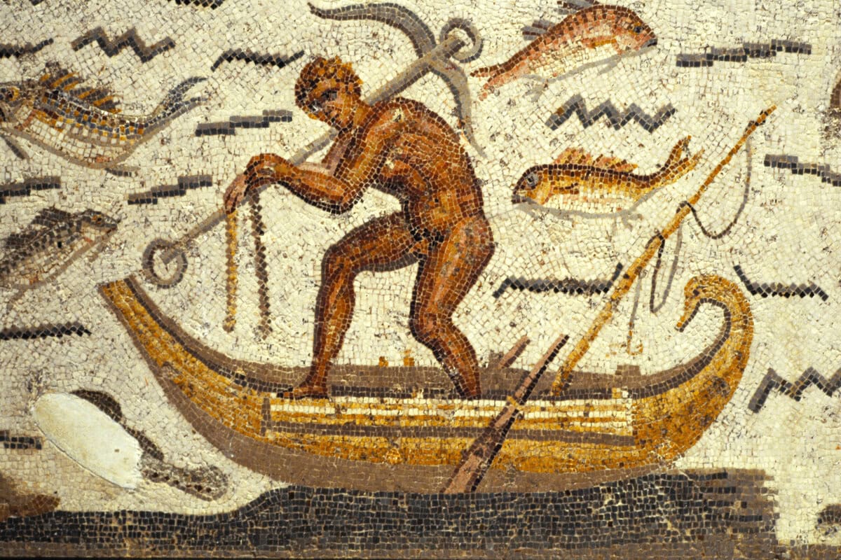 Een visser op een Romeinse mozaïek uit de tweede eeuw.
