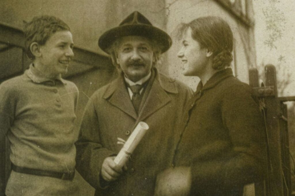 Galinka Ehrenfest (rechts) met haar broer Paul jr. en Albert Einstein (midden), circa 1930.