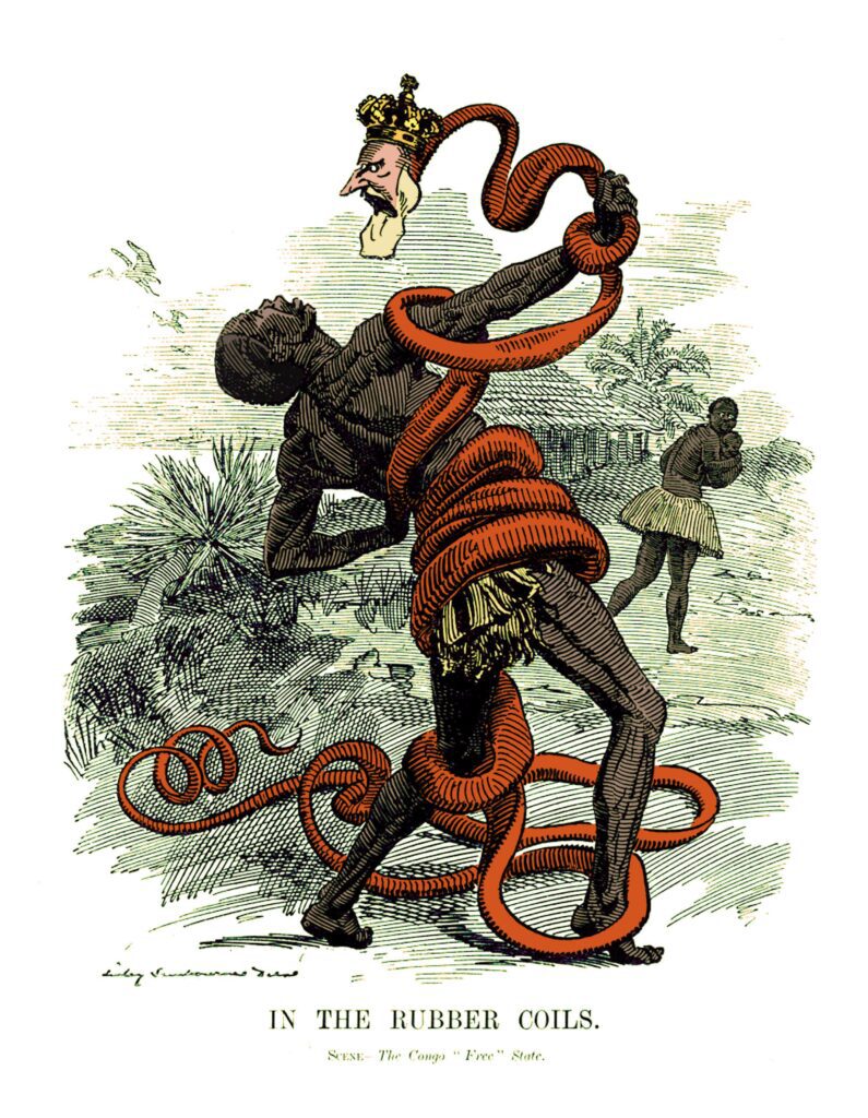 Cartoon door Edward Linley Sambourne toont Leopold II als slang die een Congolese rubberverzamelaar wurgt (1906).