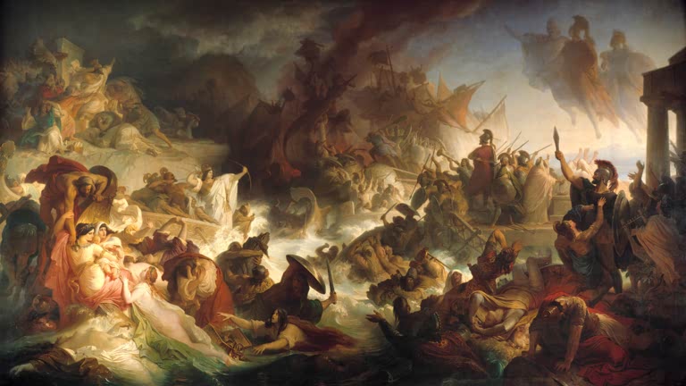 De Zeeslag bij Salamis. Links van het midden staat, in wit gewaad, koningin Artemisia. Schilderij door Wilhelm von Kaulbach, 1862.