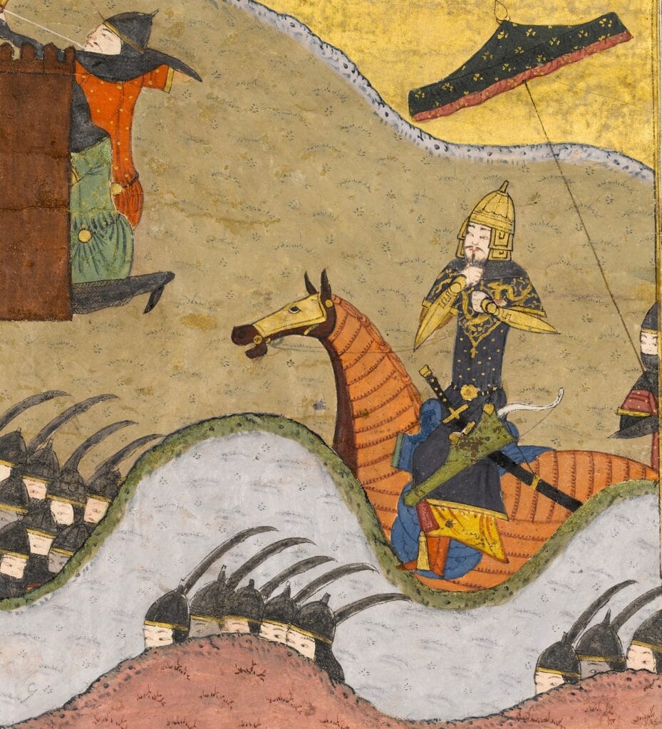 De stepperuiters veroveren Bagdad. Illustratie uit een Perzisch manuscript, 1435.
