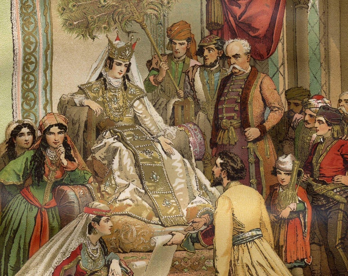 Dichter Sjota Roestaveli presenteert zijn werk aan koningin Tamar. Door Mihály Zichy, circa 1880-1885.