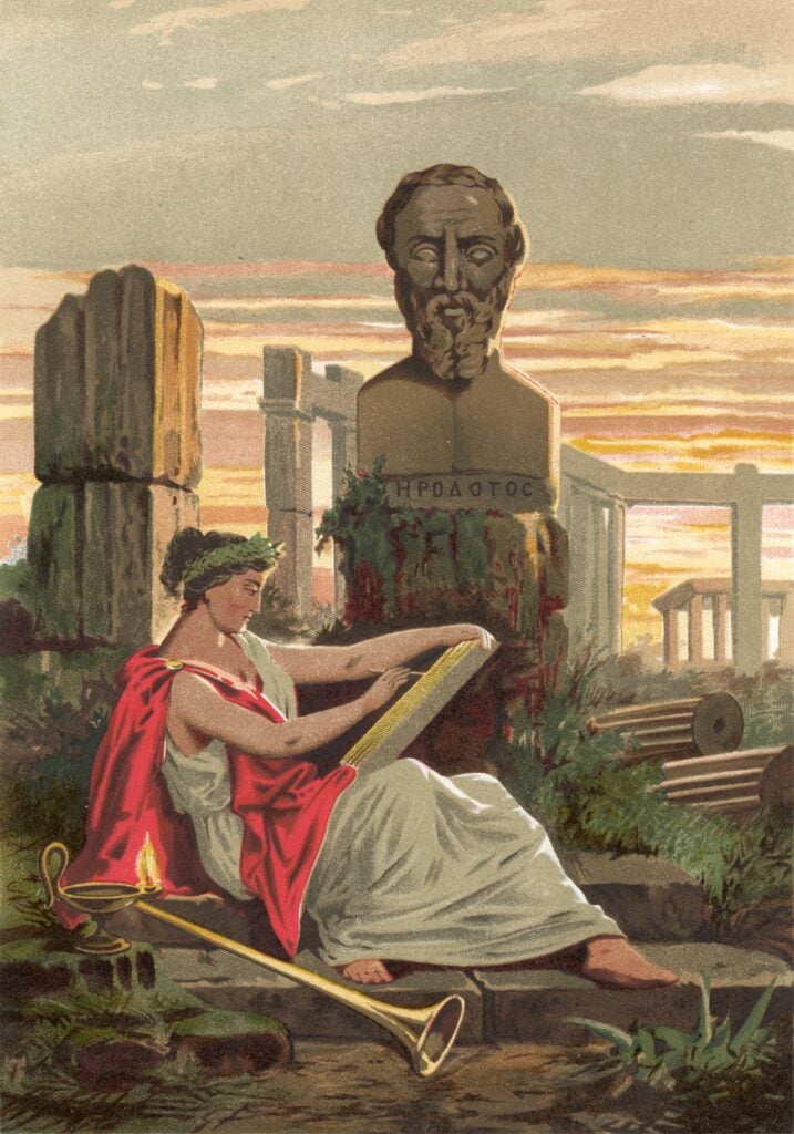 Een vrouw schrijft, zittend aan de voet van een buste van Herodotus. Litho door José Armet Portanell, 1876.