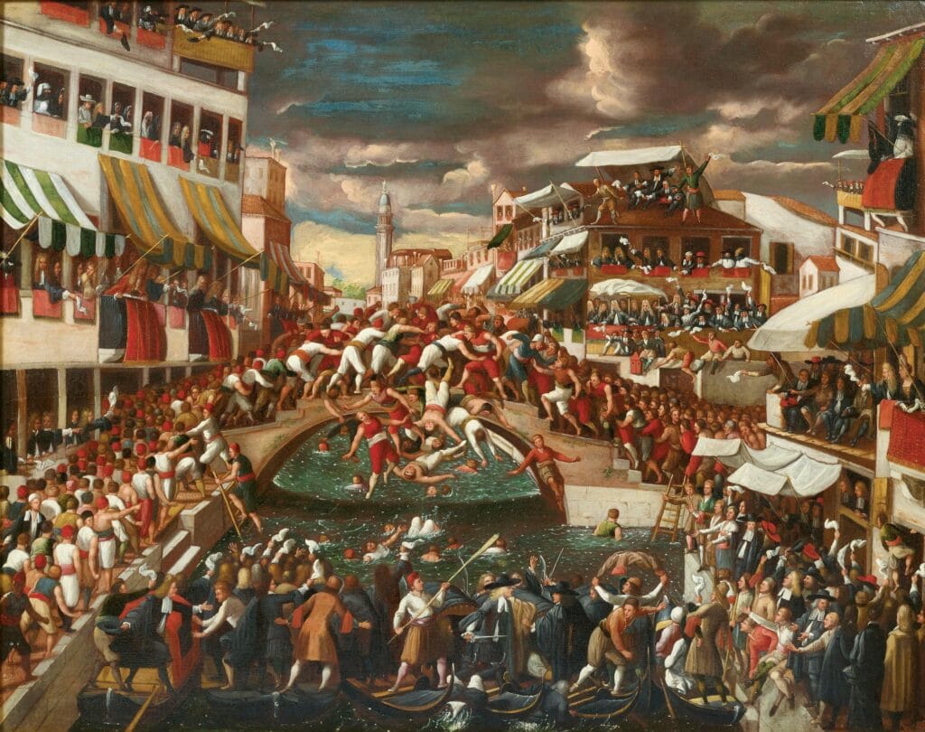 Gevechten op de Ponte dei Pugni in Venetië. Achttiende-eeuws schilderij.