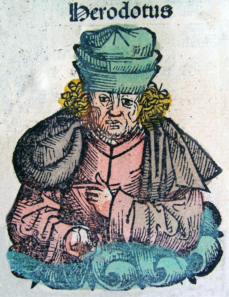 Herodotus afgebeeld in de Kroniek van Neurenberg, 1493.