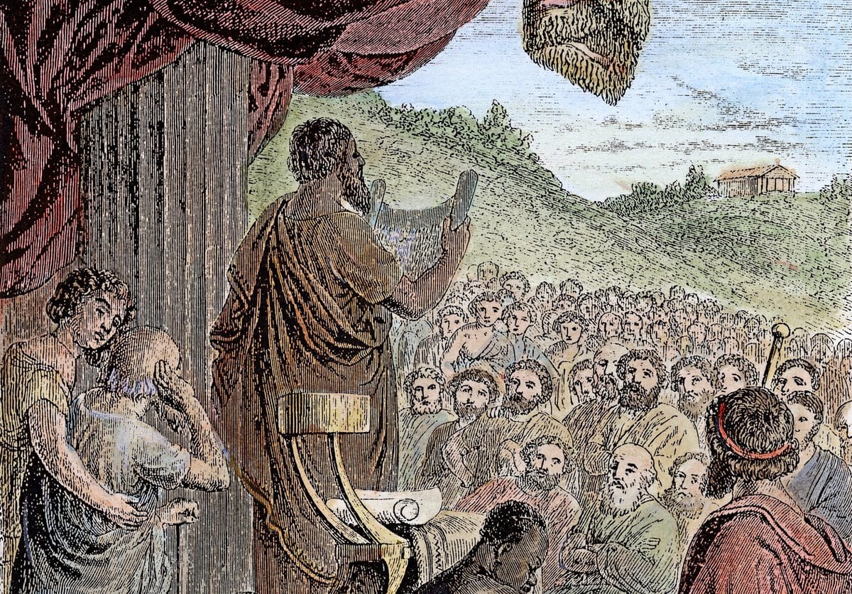Herodotus draagt zijn Historiën voor aan een groep Grieken. Gravure, negentiende eeuw.
