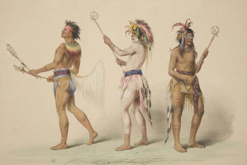 Inheems-Amerikaanse lacrossespelers. Gravure door George Catlin, 1845.