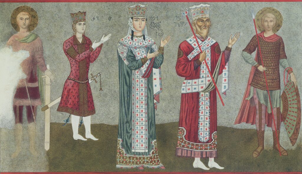 Kopie van een twaalfde-eeuwse muurschildering van Tamar en haar vader Giorgi III.