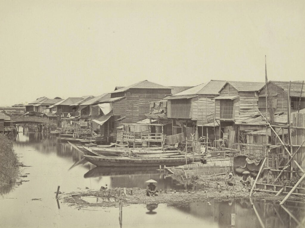Miyozaki-chō, de bordelenwijk van Yokohama. Foto door Felice Beato, 1863.