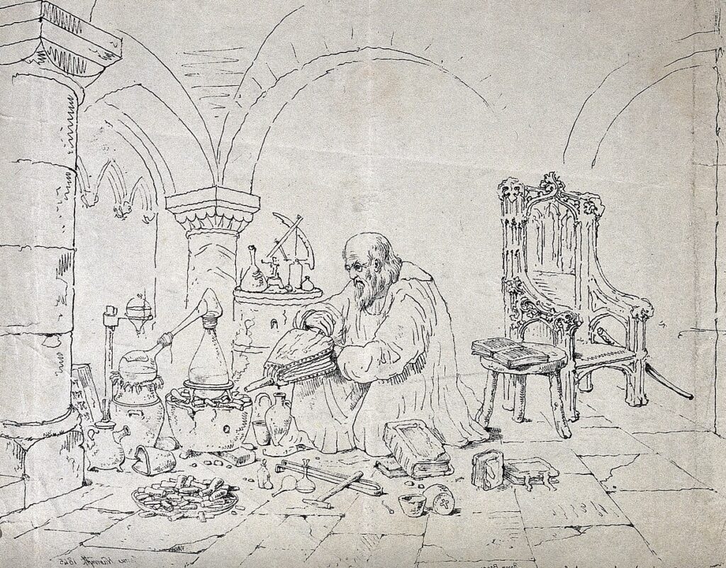 Negentiende-eeuwse ets van Bacon die een alchemie-experiment uitvoert.