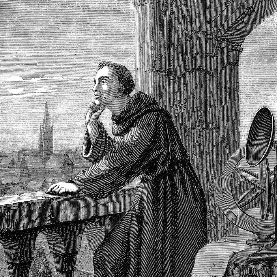 Roger Bacon kijkt naar de sterren in Oxford