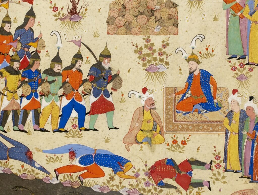 Timoer Lenks soldaten brengen hem de afgehakte hoofden van zijn vijanden. Illustratie uit een zestiende-eeuws Perzisch manuscript.