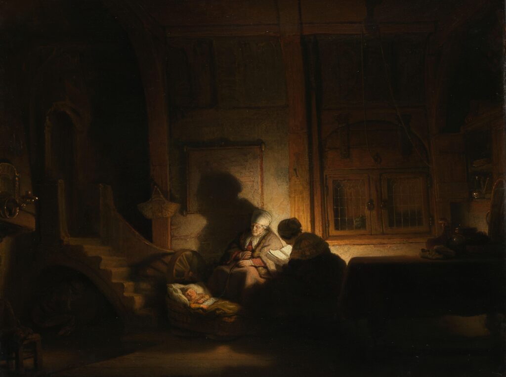 De Heilige Familie bij nacht, door een leerling van Rembrandt, circa 1645. Een doodgewone huiselijke setting, Maria leest een boek.