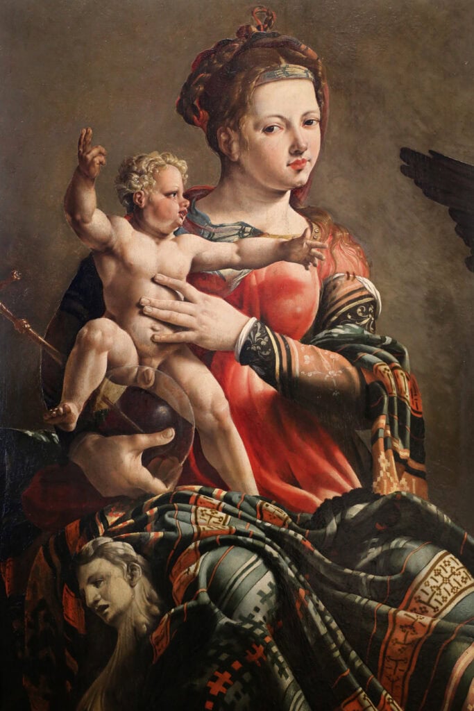 Linkerhelft van De heilige Lucas schildert de Madonna door Maarten van Heemskerck, 1532. Er zit al veel meer detail in de lichamen, maar Jezus wordt afgebeeld als een gespierde man.