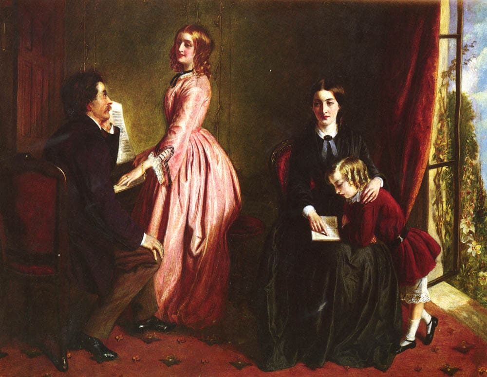 Een gouvernante geeft les bij een Victoriaanse familie. Schilderij door Rebecca Solomon, 1851.