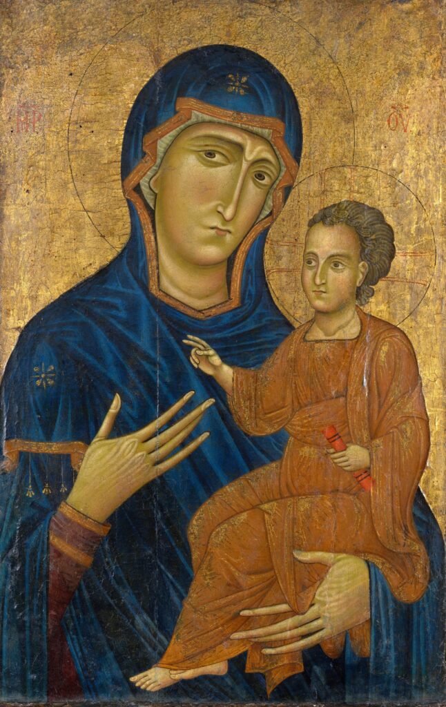 Jezus draagt de kleding van een klassieke filosoof en heeft een boekrol in zijn hand. Schilderij in de Byzantijnse stijl door de Toscaanse Berlinghiero, circa 1230.