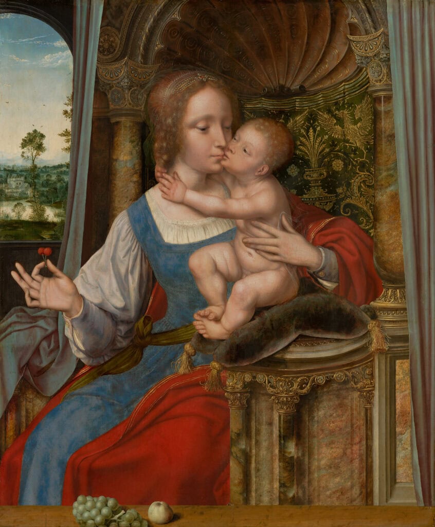 Ook Quentin Matsys schildert Maria en Jezus realistisch en intiem, circa 1520. Het afgebeelde fruit verwijst naar het toekomstige lijden van Jezus. Deze emotionele scène moest de toeschouwer in vervoering brengen.