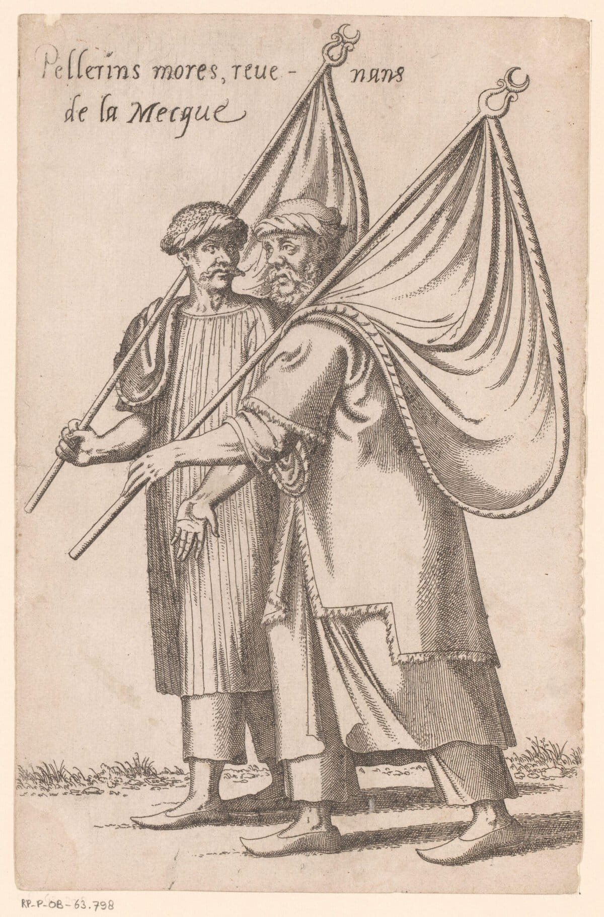 Noord-Afrikaanse, islamitische pelgrims keren terug uit Mekka. Ets door Léon Davent, circa 1555.