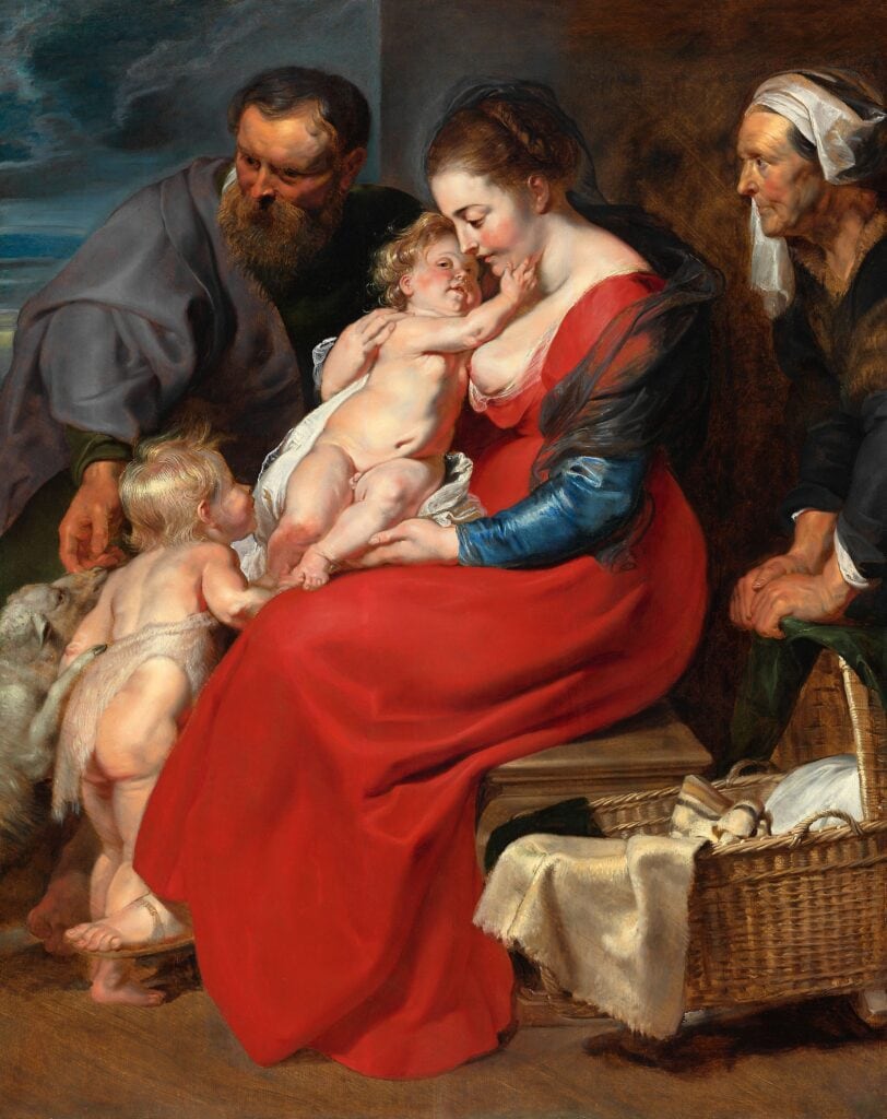 Peter Paul Rubens verbeelt de Heilige Familie in een huiselijke setting, circa 1615. De familieleden dragen zeventiende- eeuwse kleding en Jezus en Johannes de Doper zijn echte mollige babies.