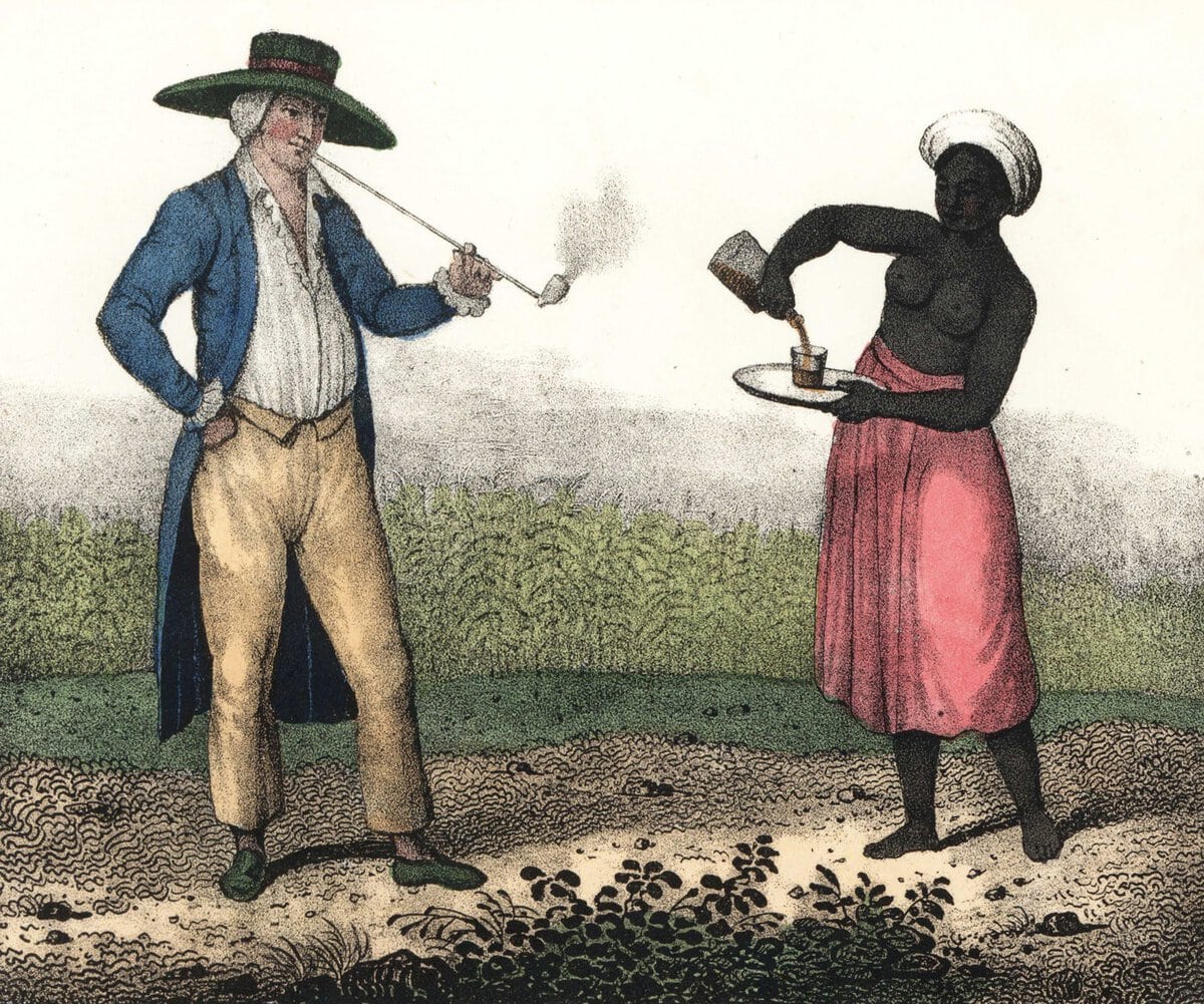 Plantage-eigenaar met een slavin in Suriname. Litho gepubliceerd door Friedrich Wilhelm Goedsche, 1835.
