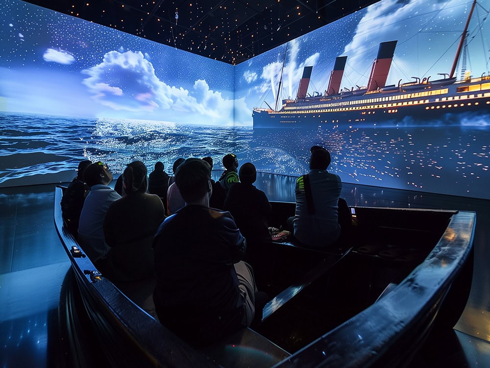 Vanuit een reddingssloep kijken bezoekers naar beelden van de Titanic.