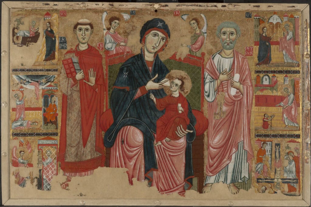 Zogende Maria (Madonna lactans) op een Florentijns altaarstuk uit circa 1280.