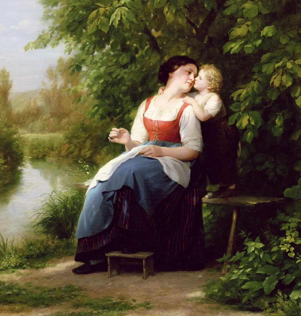 Moeder en zoon. Negentiende-eeuws schilderij door Fritz Zuber-Buhler.