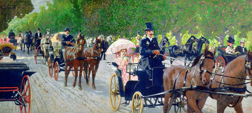 In de tijd van Hans is de stad vol paarden. Koetsen in het Prater in Wenen. Schilderij door Maximilian Lenz, 1900.