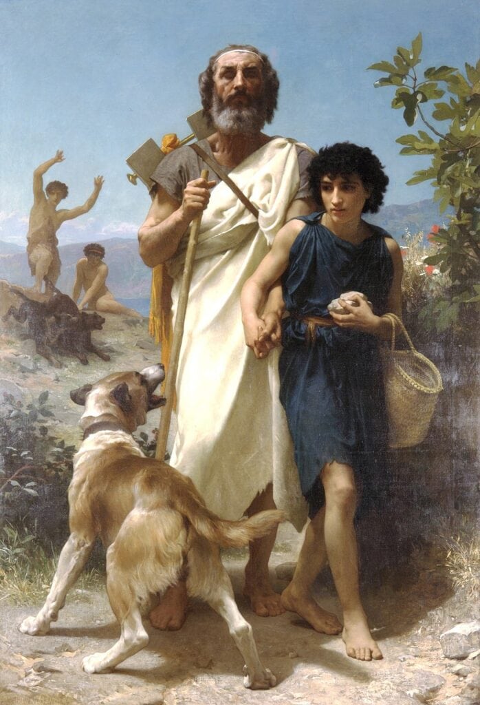 Oud-Griekse scène met man, kind en hond in landschap.